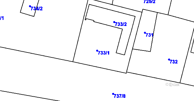 Parcela st. 733/1 v KÚ Závišice, Katastrální mapa