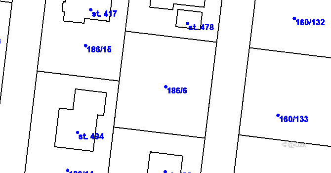 Parcela st. 186/6 v KÚ Zbuzany, Katastrální mapa