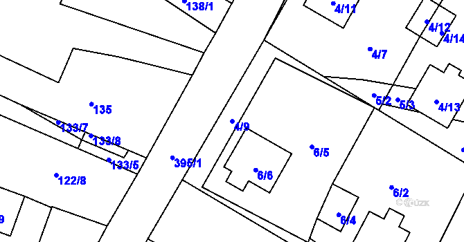 Parcela st. 4/9 v KÚ Zbyny, Katastrální mapa