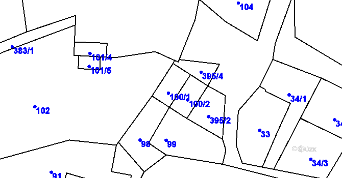 Parcela st. 100/1 v KÚ Zbyny, Katastrální mapa