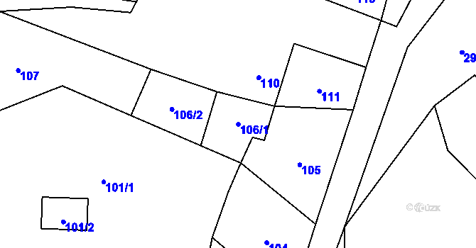 Parcela st. 106/1 v KÚ Zbyny, Katastrální mapa