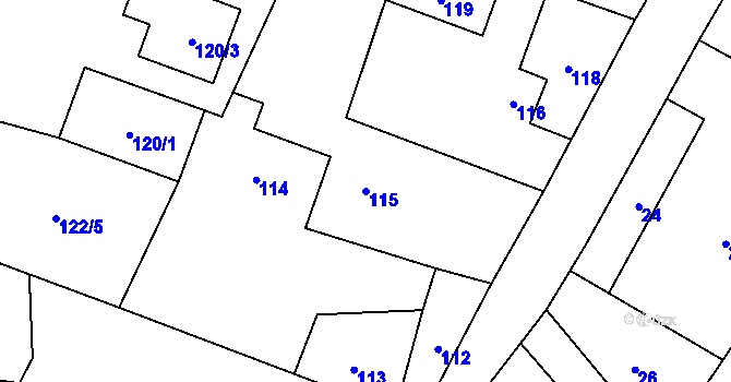 Parcela st. 115 v KÚ Zbyny, Katastrální mapa