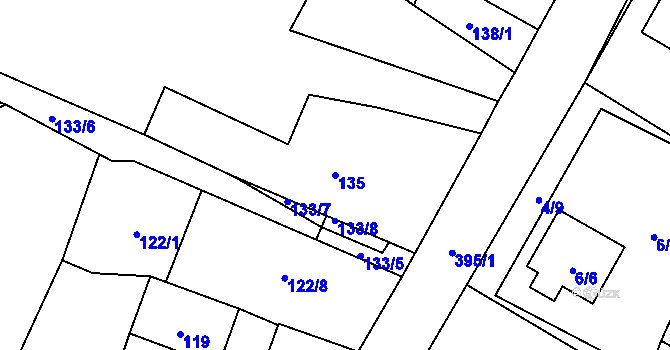 Parcela st. 135 v KÚ Zbyny, Katastrální mapa