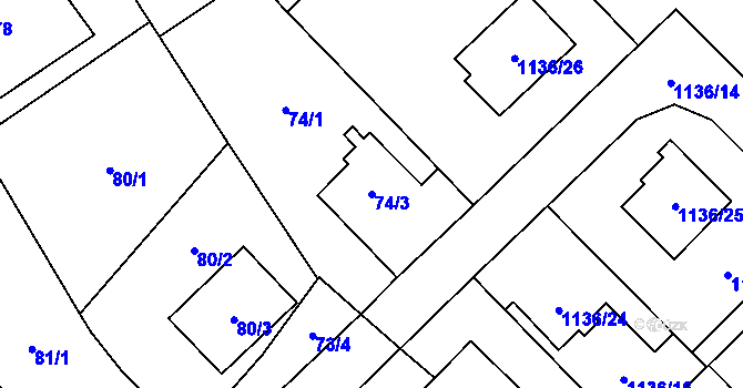 Parcela st. 74/3 v KÚ Zbýšov u Oslavan, Katastrální mapa