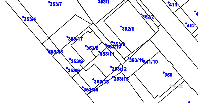 Parcela st. 353/11 v KÚ Zbýšov u Oslavan, Katastrální mapa
