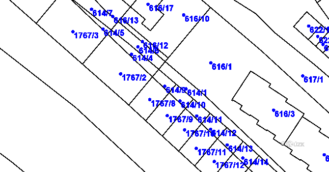 Parcela st. 614/9 v KÚ Zbýšov, Katastrální mapa