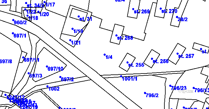 Parcela st. 1/4 v KÚ Zbytiny, Katastrální mapa