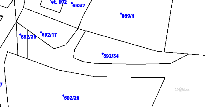 Parcela st. 592/34 v KÚ Zderadice, Katastrální mapa