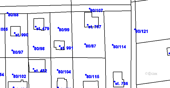 Parcela st. 80/87 v KÚ Brnky, Katastrální mapa