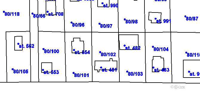 Parcela st. 80/102 v KÚ Brnky, Katastrální mapa