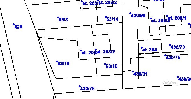 Parcela st. 203/2 v KÚ Zdiby, Katastrální mapa