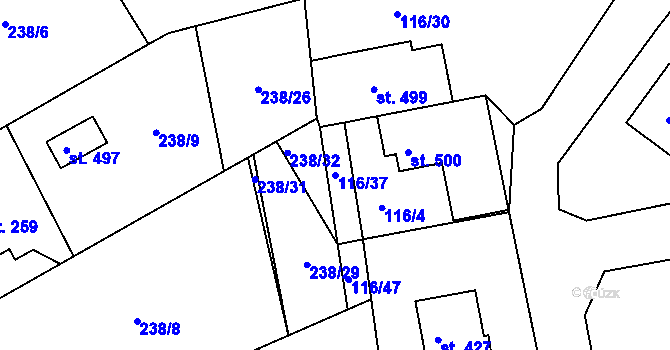 Parcela st. 116/37 v KÚ Zdiby, Katastrální mapa