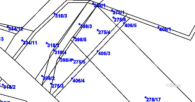 Parcela st. 406/3 v KÚ Dubí, Katastrální mapa