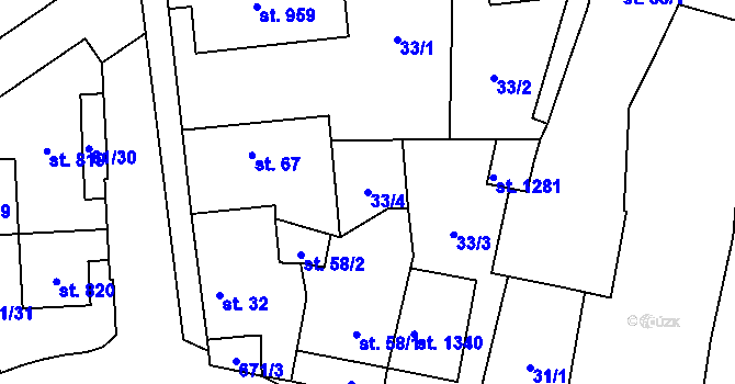 Parcela st. 33/4 v KÚ Zeleneč, Katastrální mapa