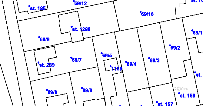 Parcela st. 69/5 v KÚ Zeleneč, Katastrální mapa