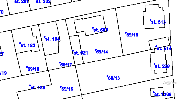 Parcela st. 69/14 v KÚ Zeleneč, Katastrální mapa