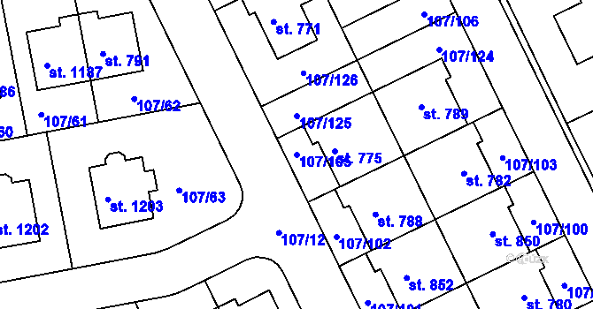 Parcela st. 107/105 v KÚ Zeleneč, Katastrální mapa