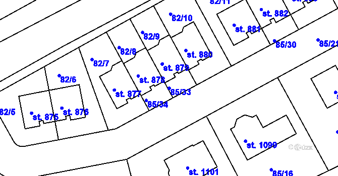 Parcela st. 85/33 v KÚ Zeleneč, Katastrální mapa
