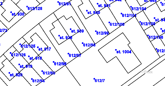 Parcela st. 612/98 v KÚ Zeleneč, Katastrální mapa