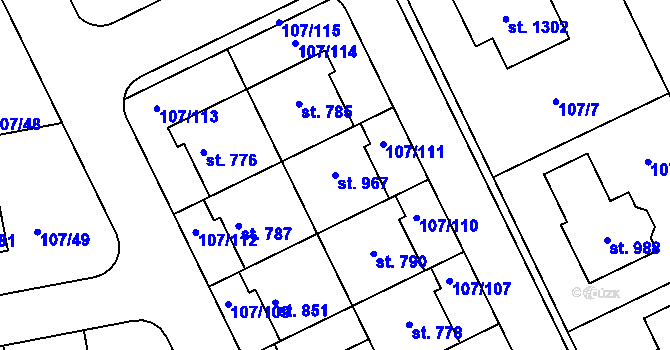 Parcela st. 967 v KÚ Zeleneč, Katastrální mapa