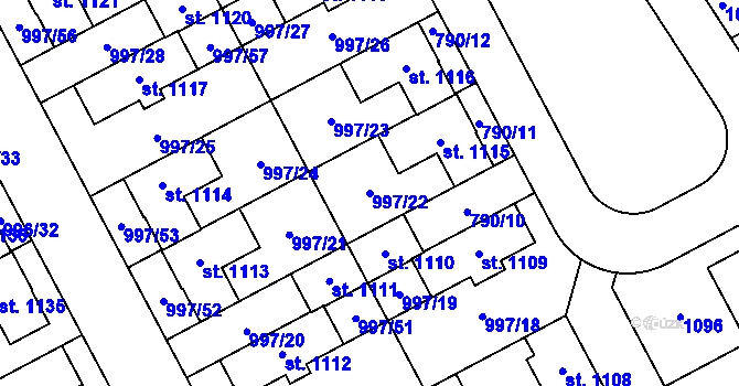 Parcela st. 997/22 v KÚ Zeleneč, Katastrální mapa
