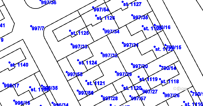 Parcela st. 997/32 v KÚ Zeleneč, Katastrální mapa