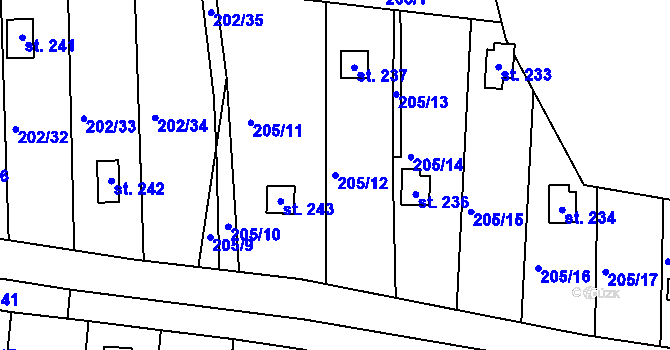 Parcela st. 205/12 v KÚ Zeměchy u Kralup nad Vltavou, Katastrální mapa