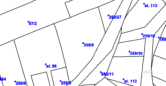 Parcela st. 259/9 v KÚ Zemětice, Katastrální mapa