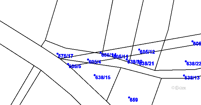 Parcela st. 605/14 v KÚ Zhořec u Pacova, Katastrální mapa