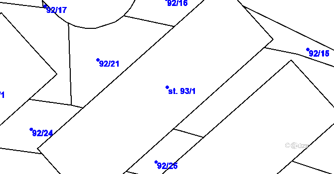 Parcela st. 93/1 v KÚ Zhořec u Pacova, Katastrální mapa