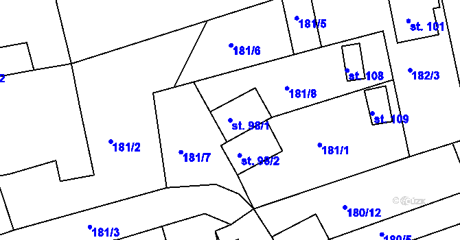 Parcela st. 98/1 v KÚ Rájov, Katastrální mapa