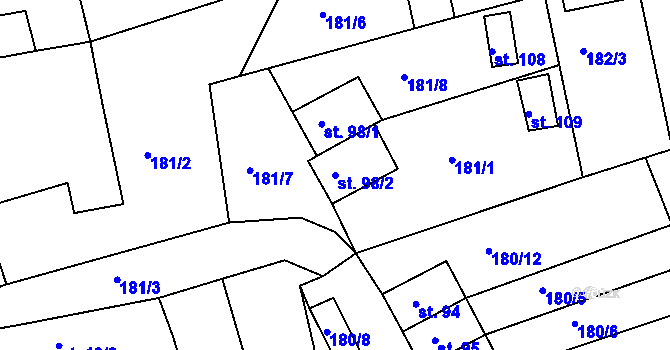 Parcela st. 98/2 v KÚ Rájov, Katastrální mapa