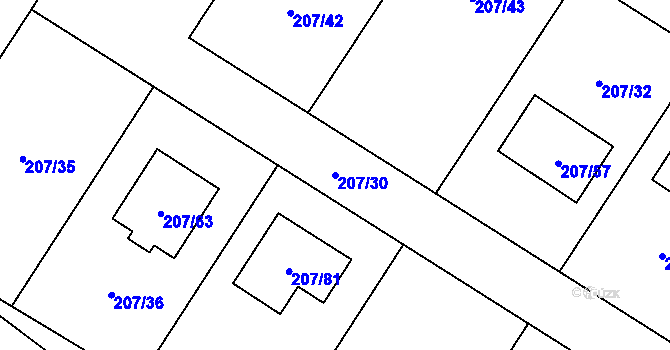 Parcela st. 207/30 v KÚ Sobín, Katastrální mapa