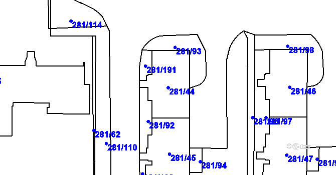 Parcela st. 281/44 v KÚ Zličín, Katastrální mapa
