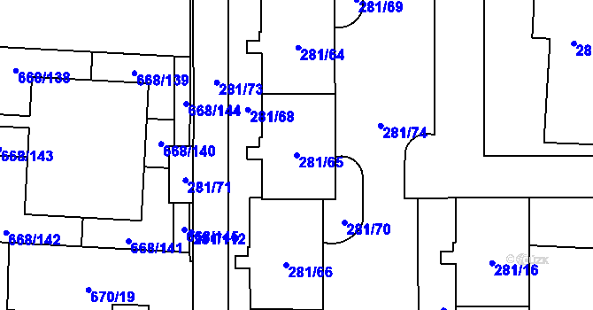 Parcela st. 281/65 v KÚ Zličín, Katastrální mapa