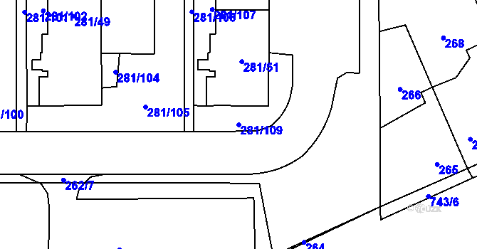 Parcela st. 281/109 v KÚ Zličín, Katastrální mapa