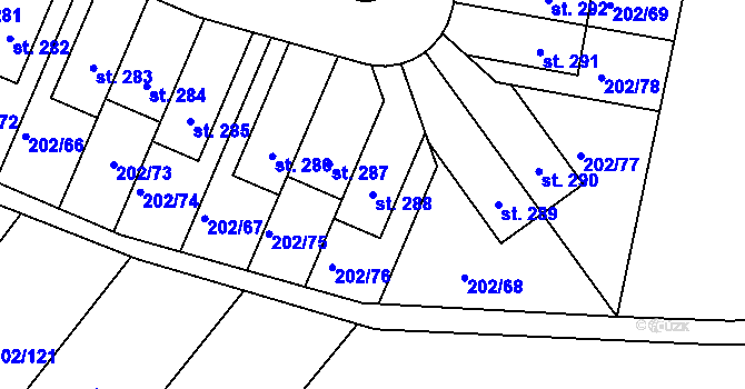 Parcela st. 288 v KÚ Zlonín, Katastrální mapa
