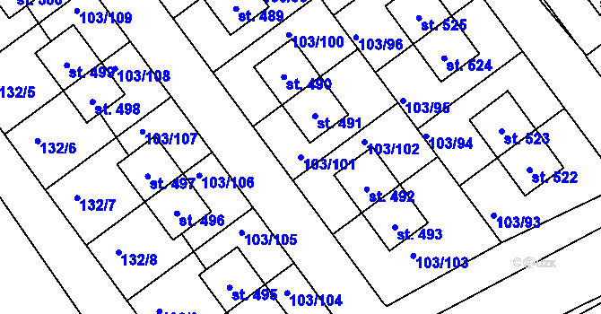 Parcela st. 103/101 v KÚ Zlonín, Katastrální mapa
