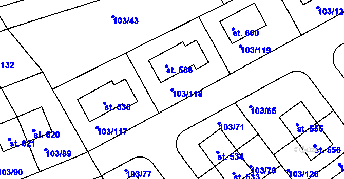 Parcela st. 103/118 v KÚ Zlonín, Katastrální mapa
