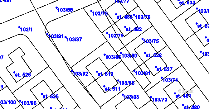 Parcela st. 103/86 v KÚ Zlonín, Katastrální mapa