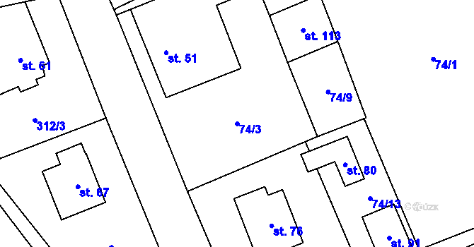 Parcela st. 74/3 v KÚ Znětínek, Katastrální mapa