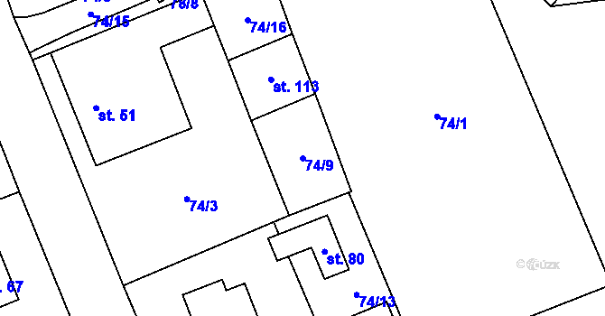 Parcela st. 74/9 v KÚ Znětínek, Katastrální mapa