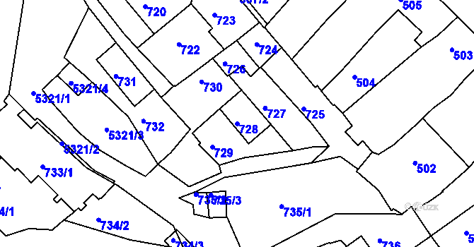 Parcela st. 728 v KÚ Znojmo-město, Katastrální mapa