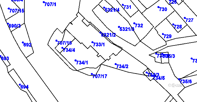Parcela st. 733/2 v KÚ Znojmo-město, Katastrální mapa