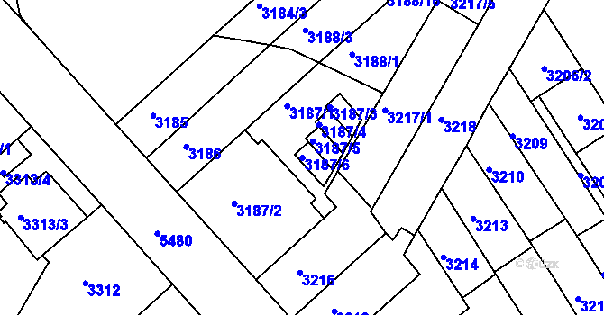 Parcela st. 3187/6 v KÚ Znojmo-město, Katastrální mapa