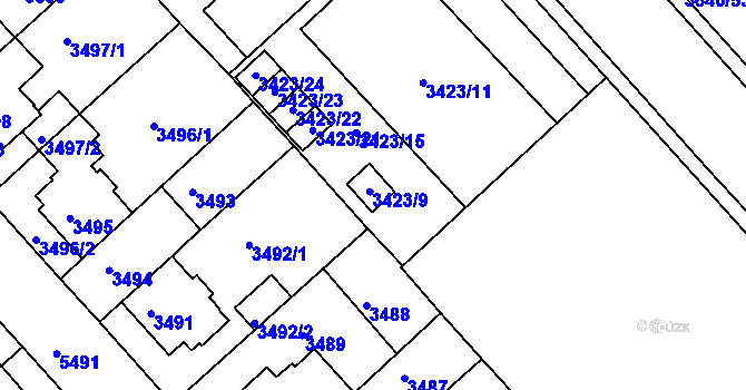 Parcela st. 3423/9 v KÚ Znojmo-město, Katastrální mapa