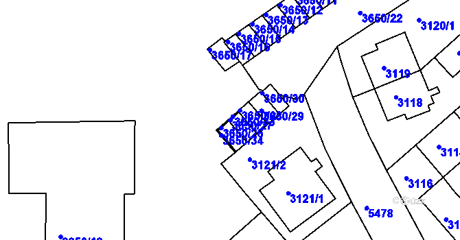 Parcela st. 3650/27 v KÚ Znojmo-město, Katastrální mapa