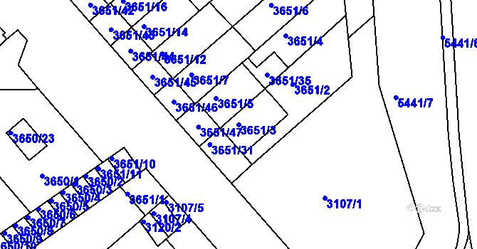 Parcela st. 3651/3 v KÚ Znojmo-město, Katastrální mapa