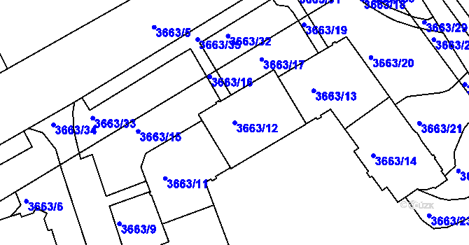 Parcela st. 3663/12 v KÚ Znojmo-město, Katastrální mapa