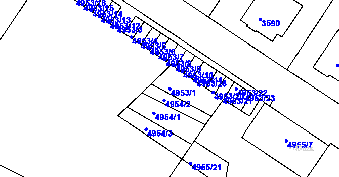 Parcela st. 4953/1 v KÚ Znojmo-město, Katastrální mapa